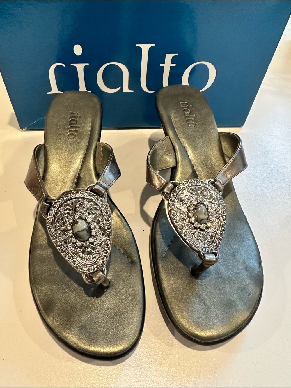 Rialto Gunmetal Jewel-Embellished Thong Sandals